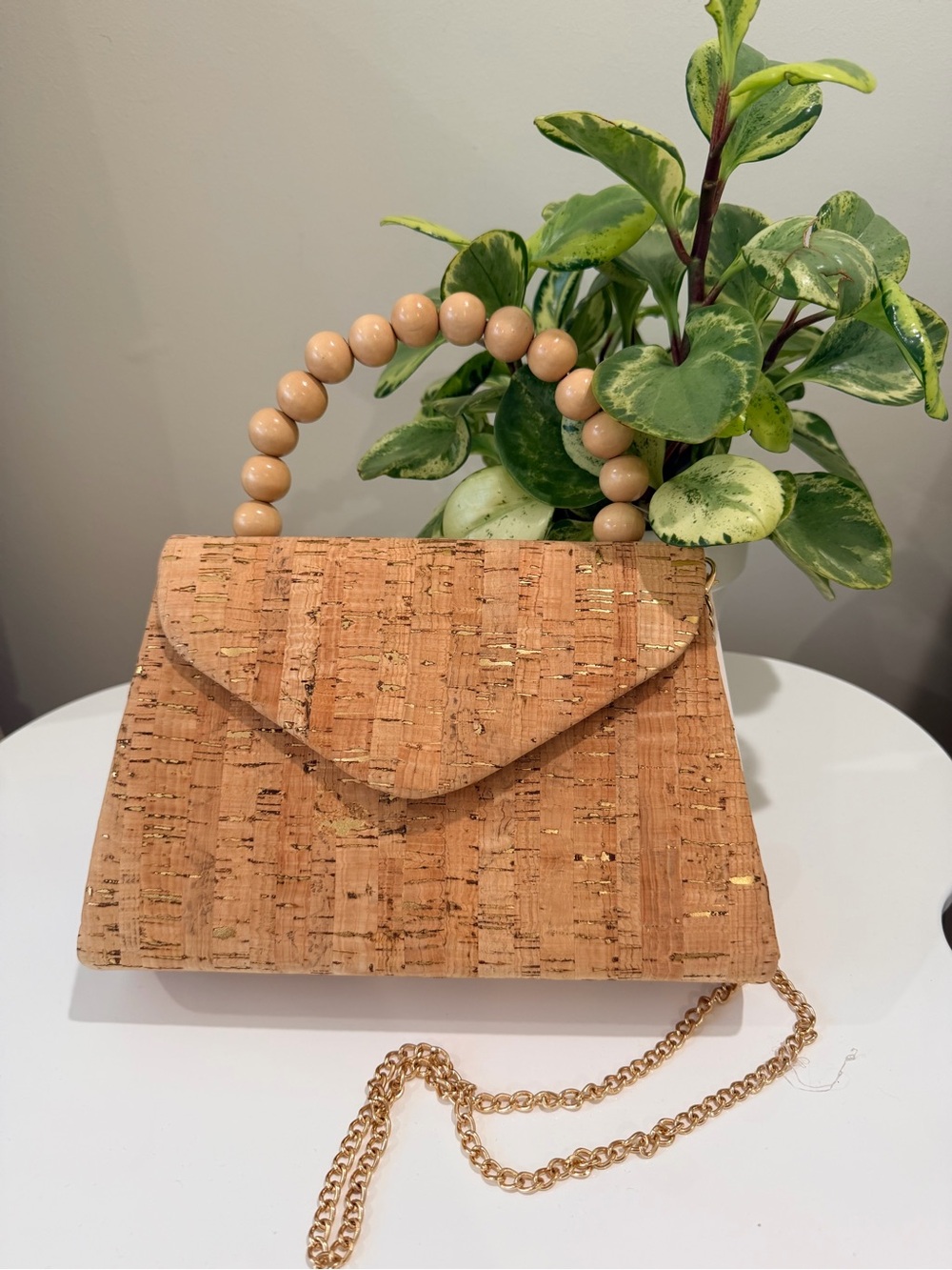 Cork Envelope Clutch with Beaded Top Handle - Natural